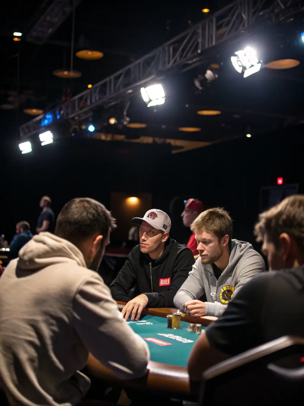 A high-quality photograph of poker players intensely focused during a tournament at the Laissac Poker Club, showcasing the competitive spirit and camaraderie.