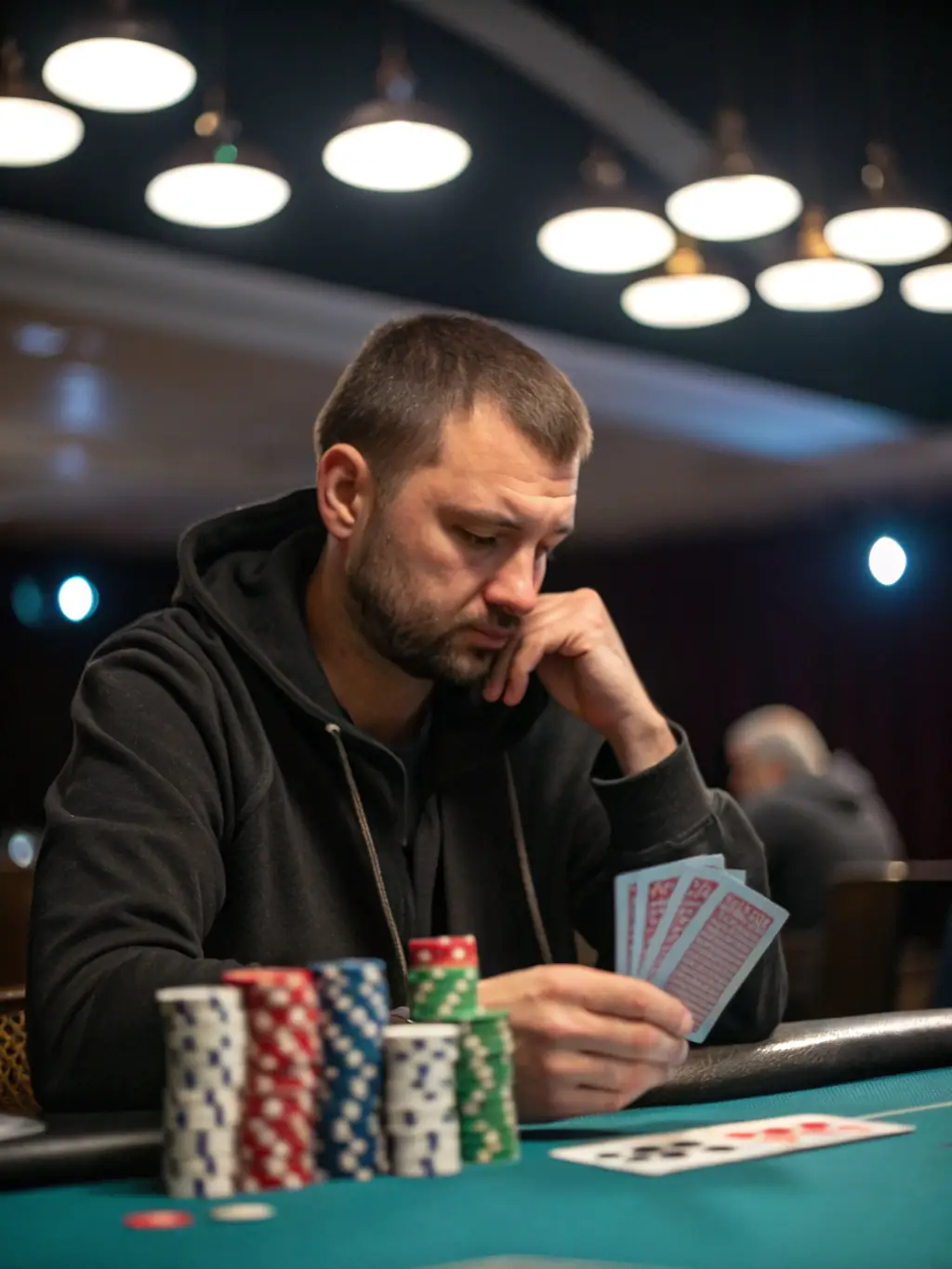 A focused shot of a player contemplating their next move, highlighting the analytical thinking required in poker.