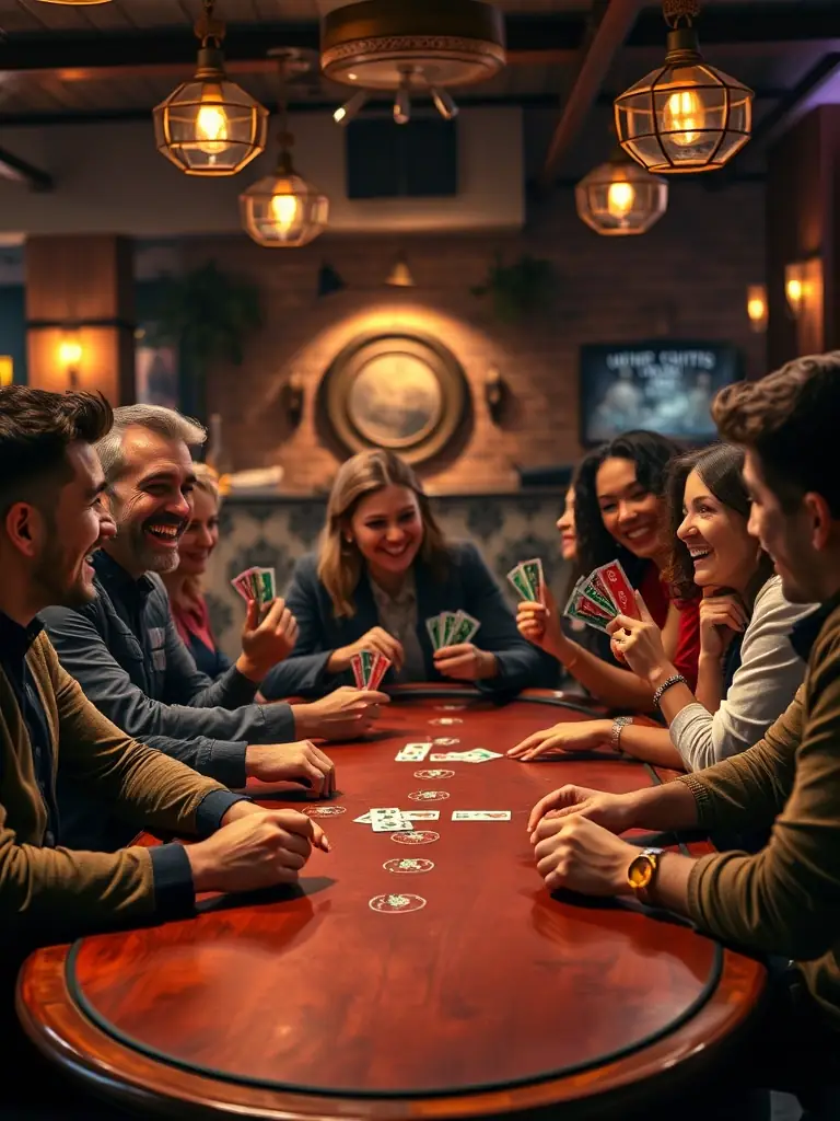 A group of players celebrating a win at a poker table, showcasing the community and camaraderie at LPC.