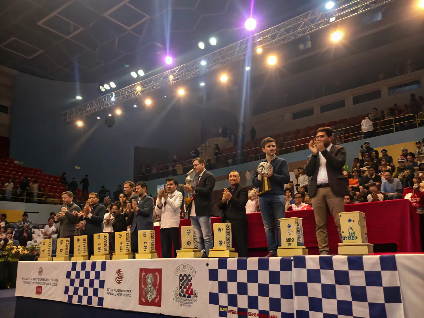 A focused image of a poker championship event at LPC, highlighting the awards ceremony with winners celebrating their achievements, emphasizing the prestige and competitive excellence.