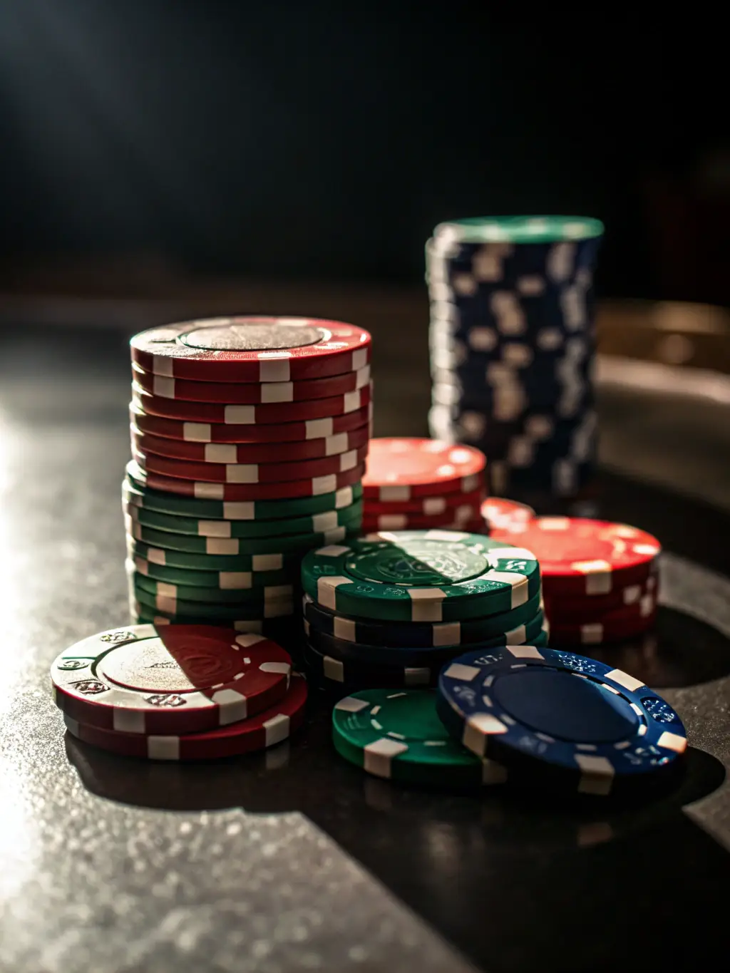 A close-up shot of poker chips stacked neatly, symbolizing the strategic element of poker tournaments at LPC.